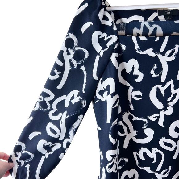 J Crew Floral Brush Stroke Top Sz 6 Crepe Navy Ivory Puff Sleeves Square Neck‎ - Picture 9 of 11